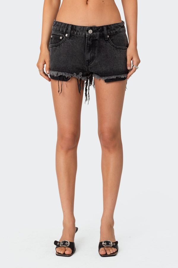 Edikted Exposed Pockets Low Rise Denim Shorts Black