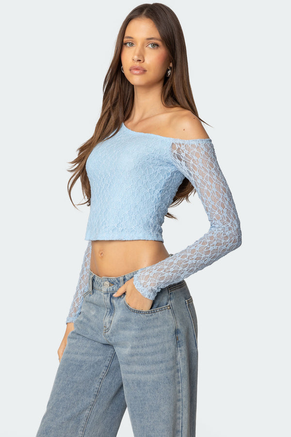 Edikted Fabia Asymmetric Textured Lace Top Light Blue