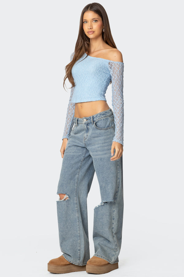 Edikted Fabia Asymmetric Textured Lace Top Light Blue