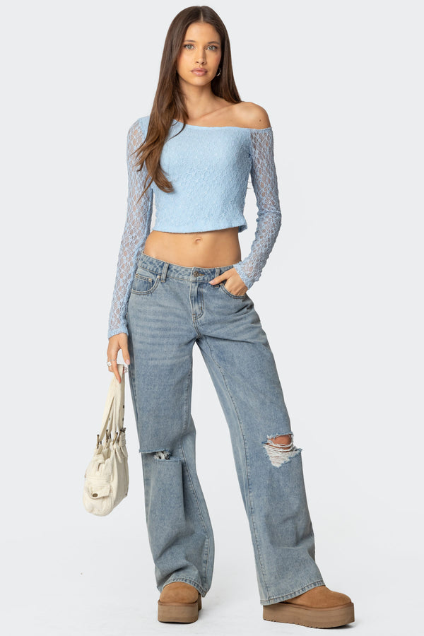 Edikted Fabia Asymmetric Textured Lace Top Light Blue