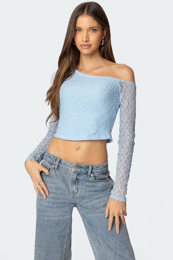 edikted Fabia Asymmetric Textured Lace Top light blue
