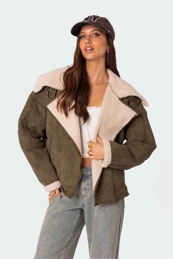 Edikted Faux Suede Shearling Oversized Jacket Olive