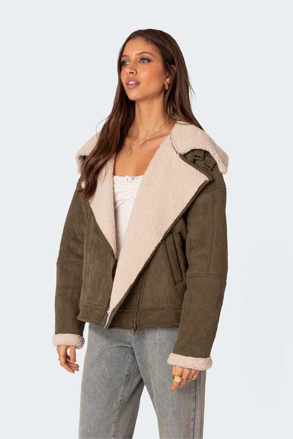Edikted Faux Suede Shearling Oversized Jacket Olive