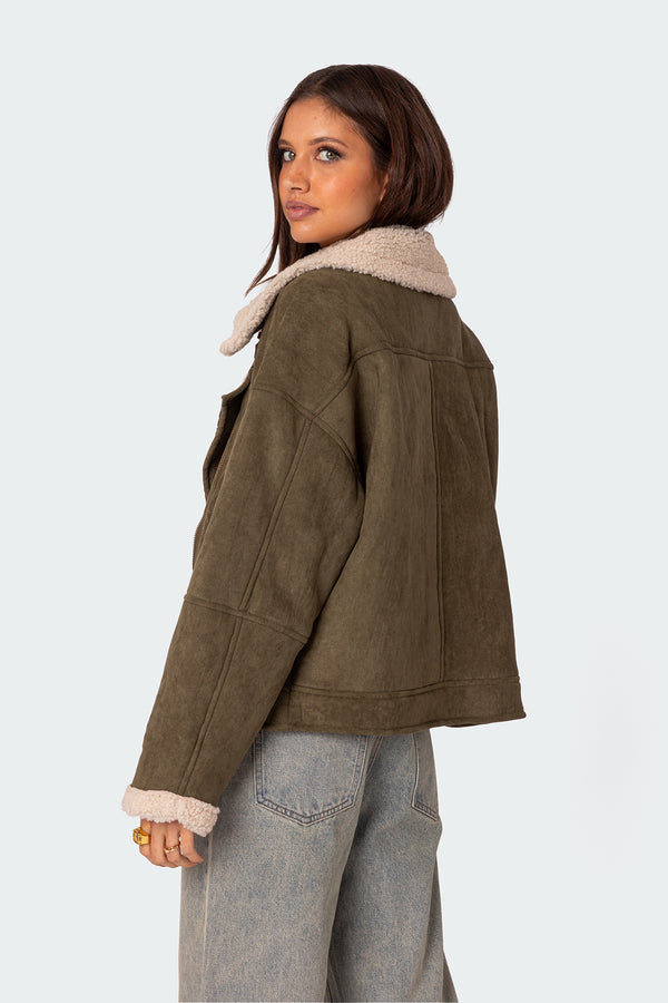 Edikted Faux Suede Shearling Oversized Jacket Olive