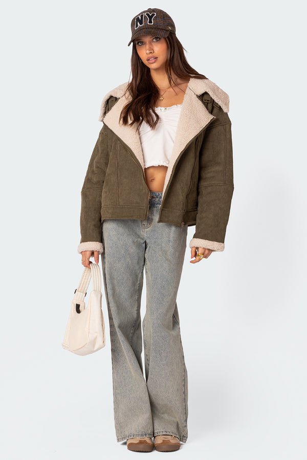 edikted Faux Suede Shearling Oversized Jacket olive