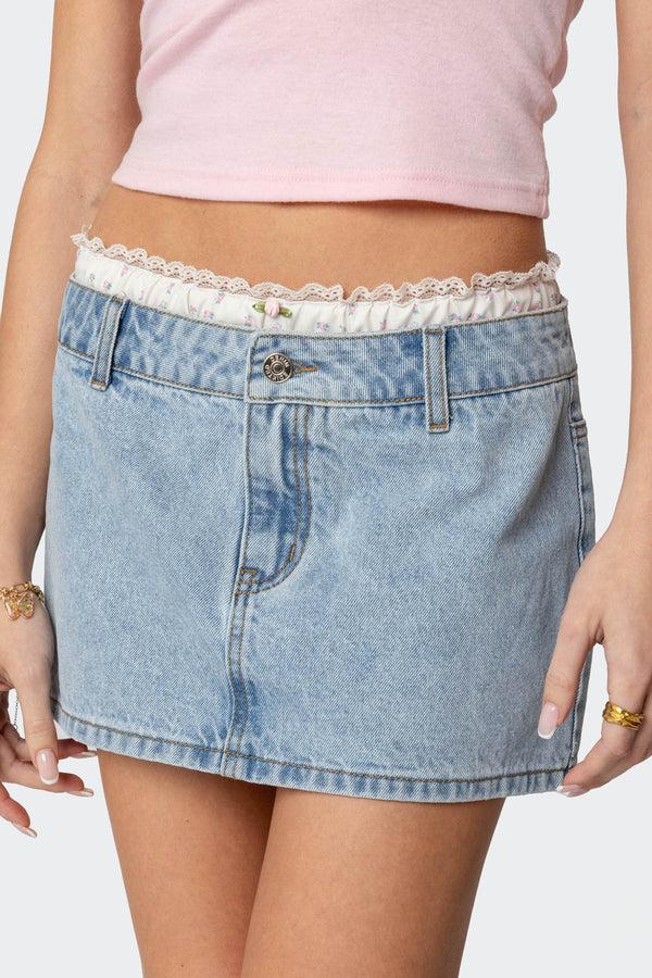 Edikted Floral Peekaboo Denim Mini Skirt Light Blue