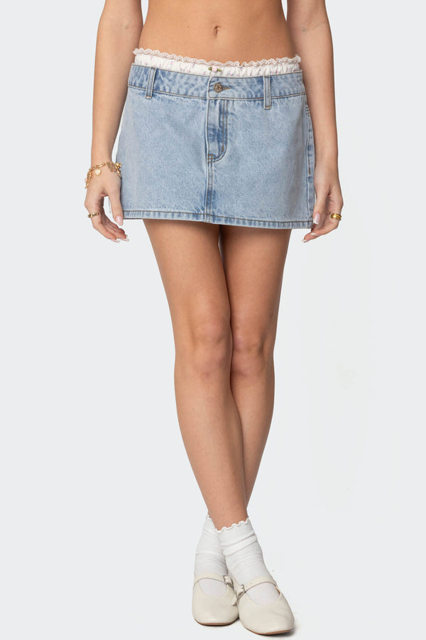 Edikted Floral Peekaboo Denim Mini Skirt Light Blue