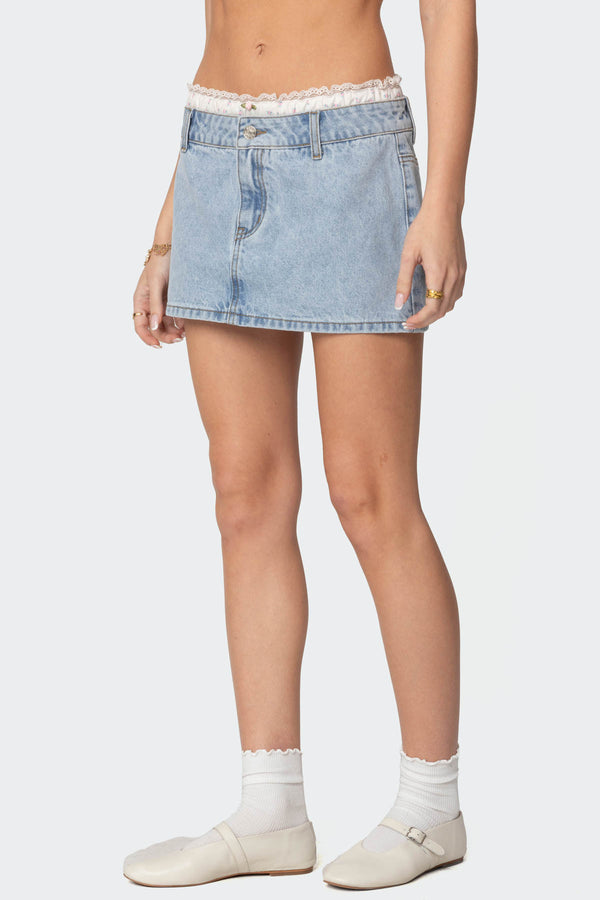 Edikted Floral Peekaboo Denim Mini Skirt Light Blue