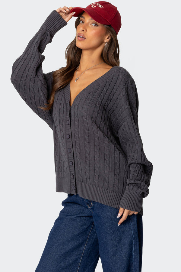Edikted Francine Oversized V Neck Cardigan Dark Gray