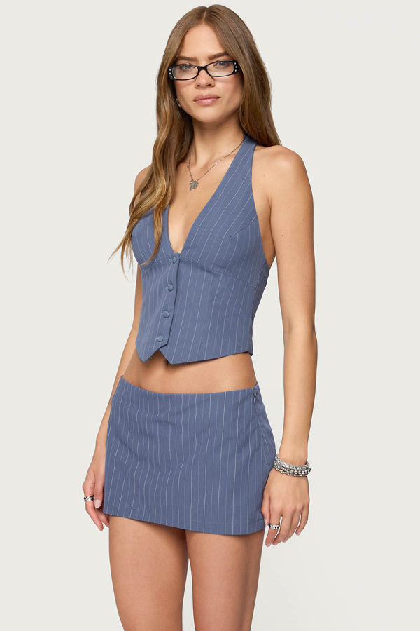 Edikted Frankey Pinstripe Button Up Halter Top Blue