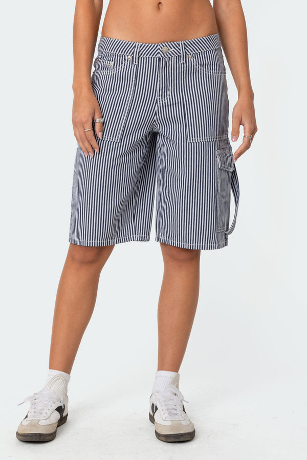 Edikted Friday Striped Low Rise Cargo Shorts Navy And White