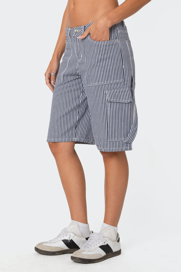 Edikted Friday Striped Low Rise Cargo Shorts Navy And White