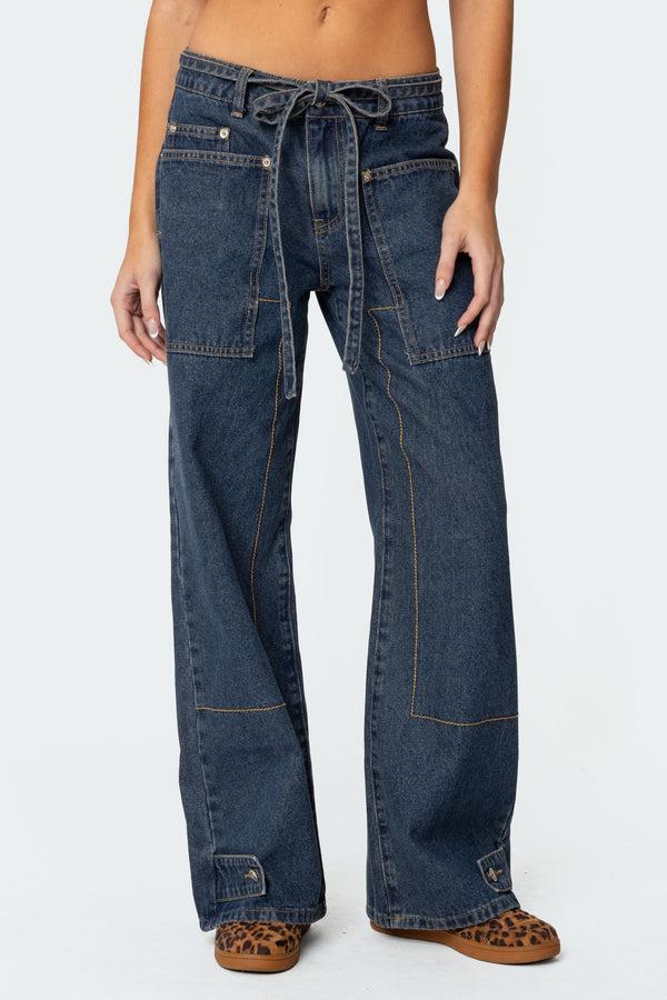 Edikted Funky Stitch Low Rise Jeans Dark Blue Washed
