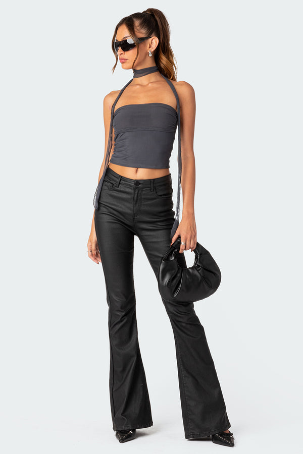 Edikted Gathered Two Piece Mesh Scarf Top Dark Gray