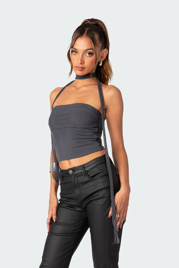 Edikted Gathered Two Piece Mesh Scarf Top Dark Gray