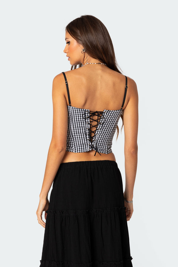 Edikted Gingham Lace Up Cupped Corset Black And White