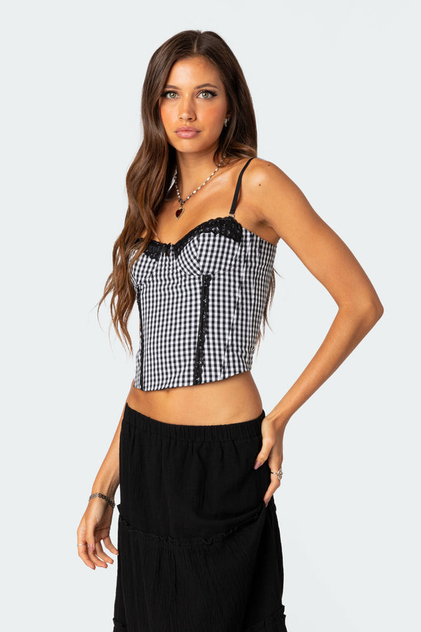 Edikted Gingham Lace Up Cupped Corset Black And White