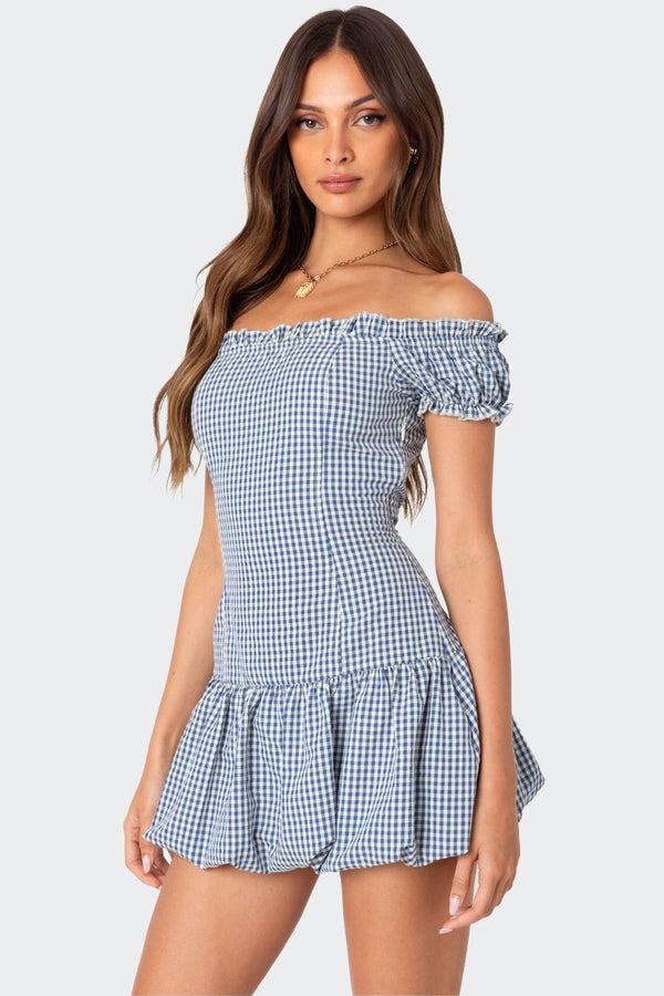 Edikted Gingham Off Shoulder Bubble Mini Dress Blue And White