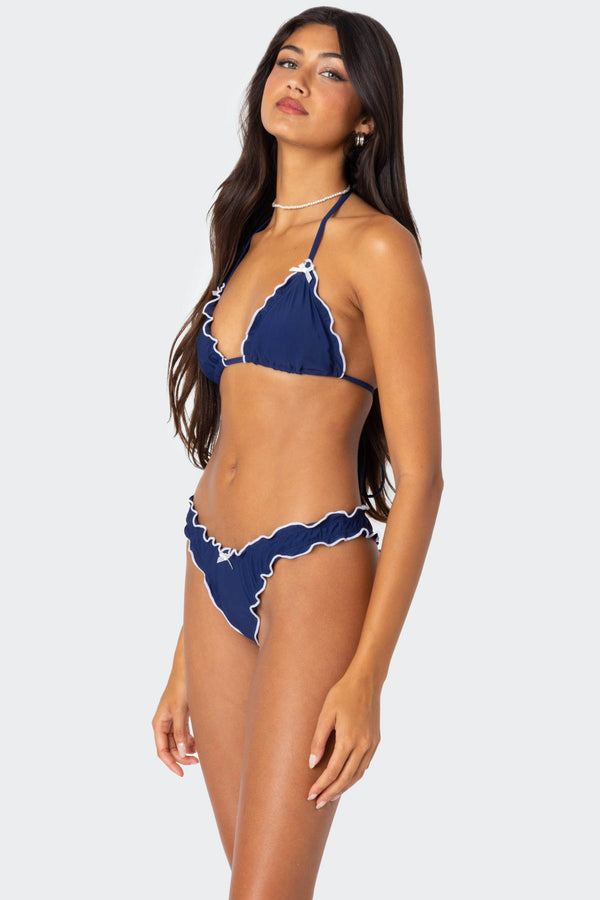 Edikted Golden Ruffle Edge Triangle Bikini Top Navy