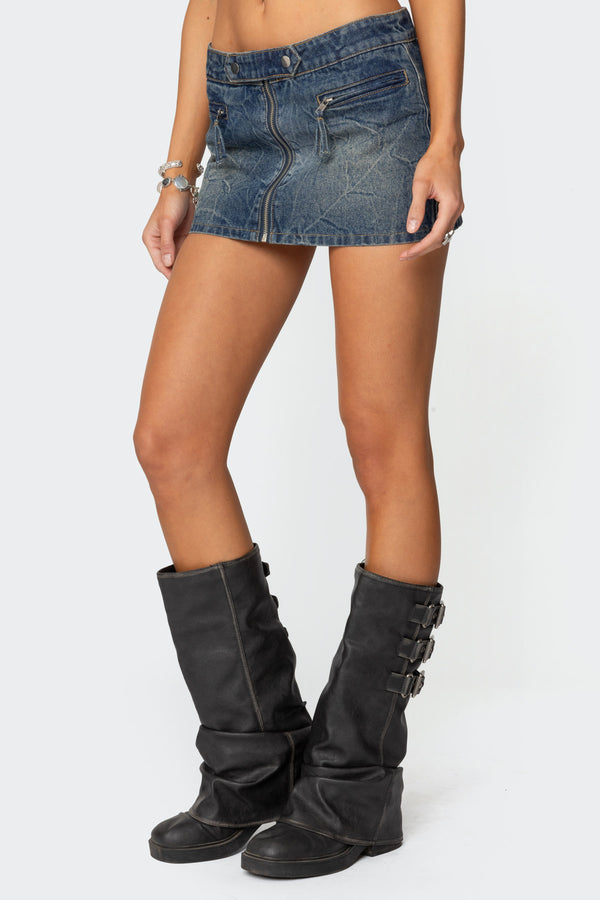 Edikted Guinevere Zip Washed Denim Mini Skirt Blue Washed