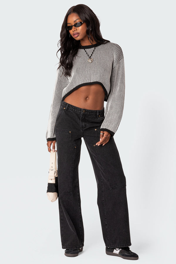 Edikted Gwenyth Textured Cropped Sweater Black And White