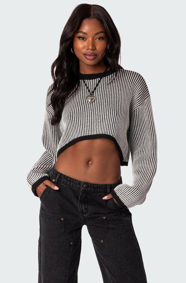 edikted Gwenyth Textured Cropped Sweater black and white