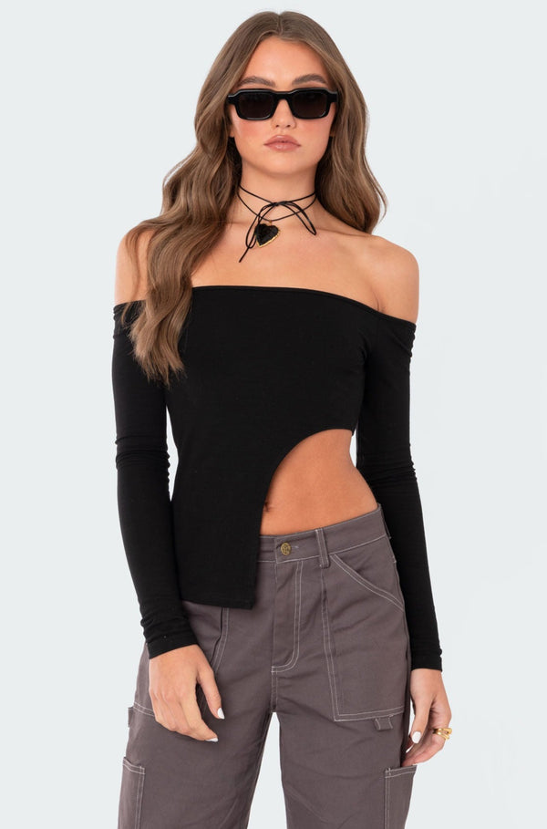 Edikted Helena Asymmetric Off The Shoulder Top Black