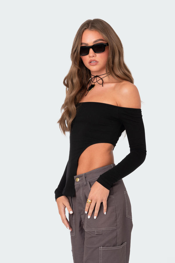 Edikted Helena Asymmetric Off The Shoulder Top Black