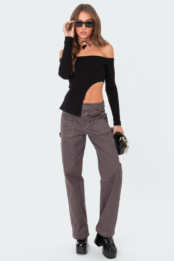 edikted Helena Asymmetric Off The Shoulder Top black