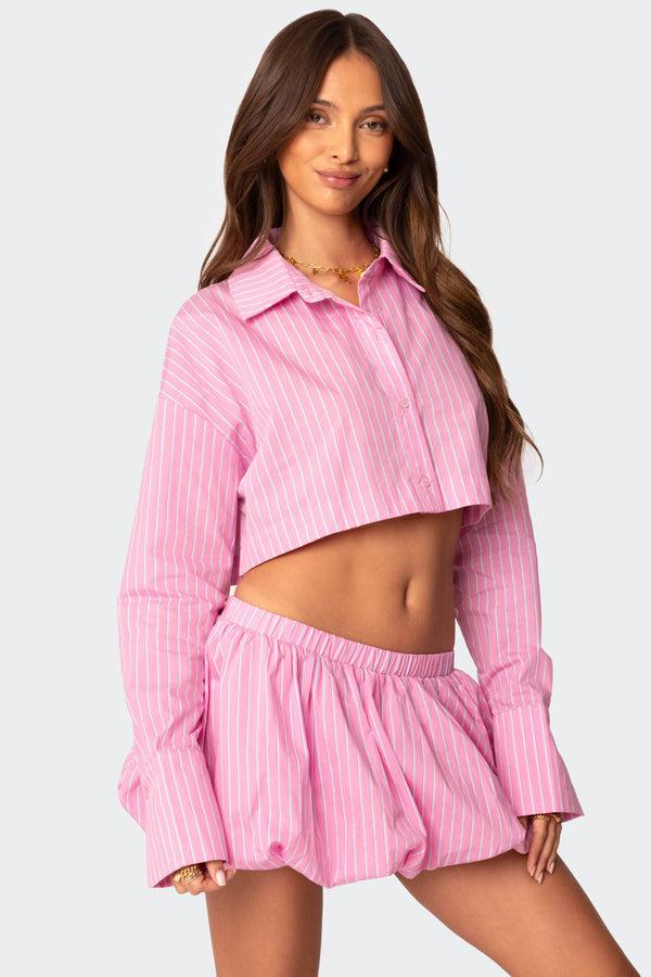 Edikted Hila Pinstripe Cropped Button Up Shirt Pink