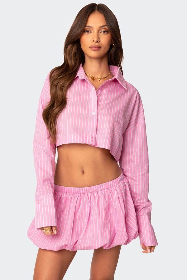edikted Hila Pinstripe Cropped Button Up Shirt pink