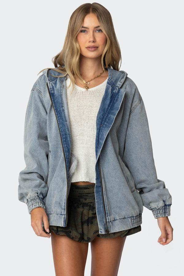 Edikted Hooded Vintage Washed Denim Bomber Jacket Light Blue