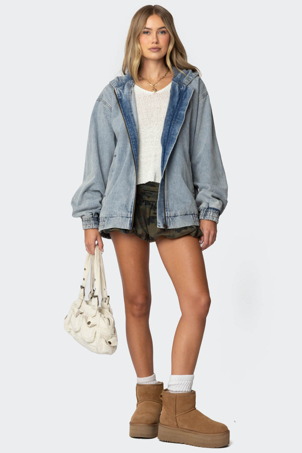 edikted Hooded Vintage Washed Denim Bomber Jacket light blue