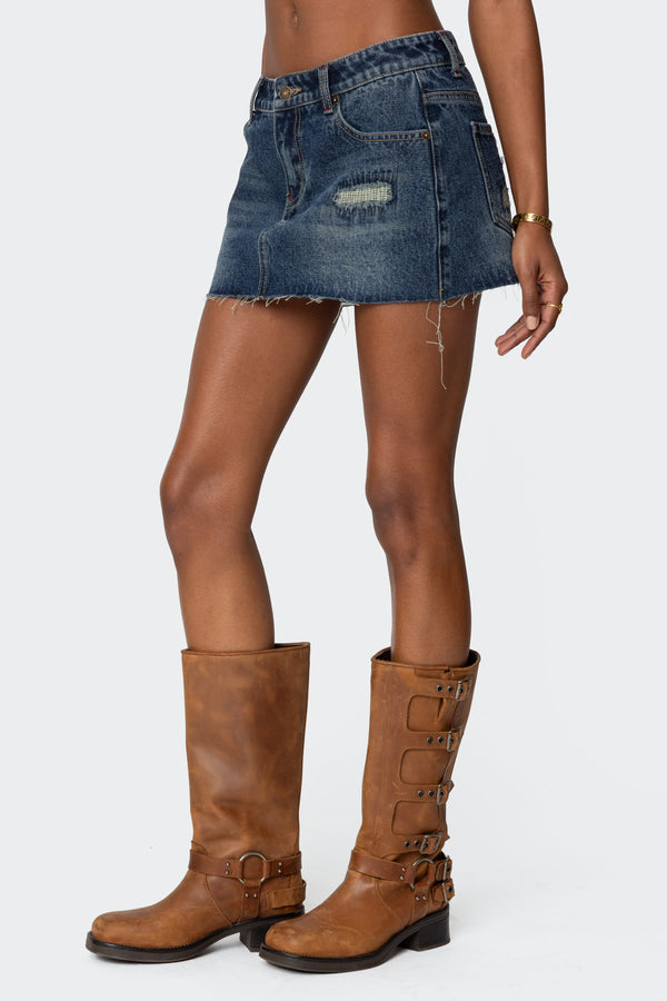 Edikted Hunter Distressed Denim Mini Skirt Dark Blue