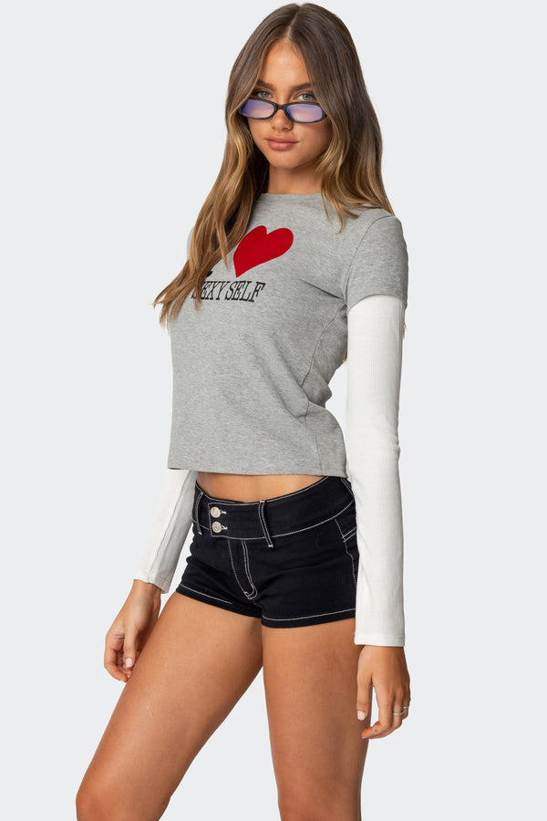 Edikted I Heart Me Layered Long Sleeve T Shirt Gray Melange