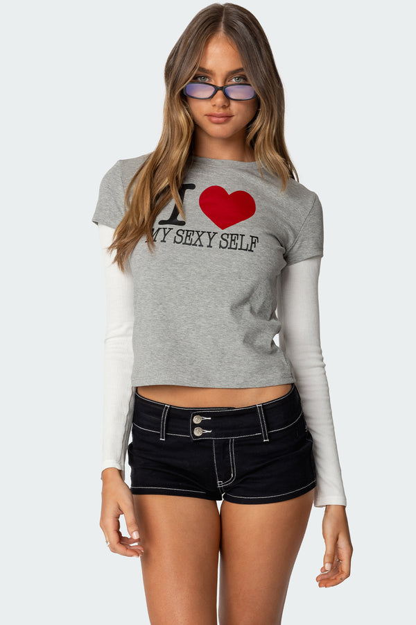 Edikted I Heart Me Layered Long Sleeve T Shirt Gray Melange
