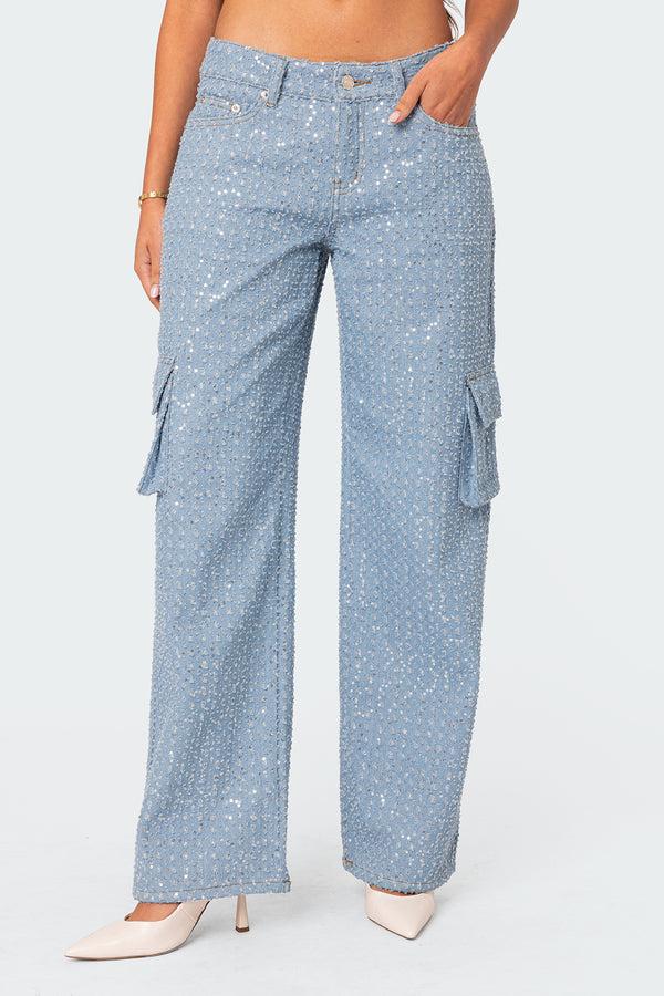 Edikted Icing Sequin Low Rise Cargo Jeans Light Blue