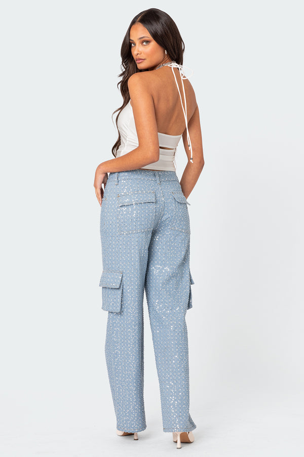 Edikted Icing Sequin Low Rise Cargo Jeans Light Blue
