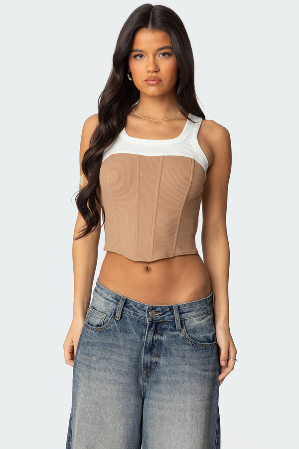 edikted Ila Contrast Layered Corset white and camel