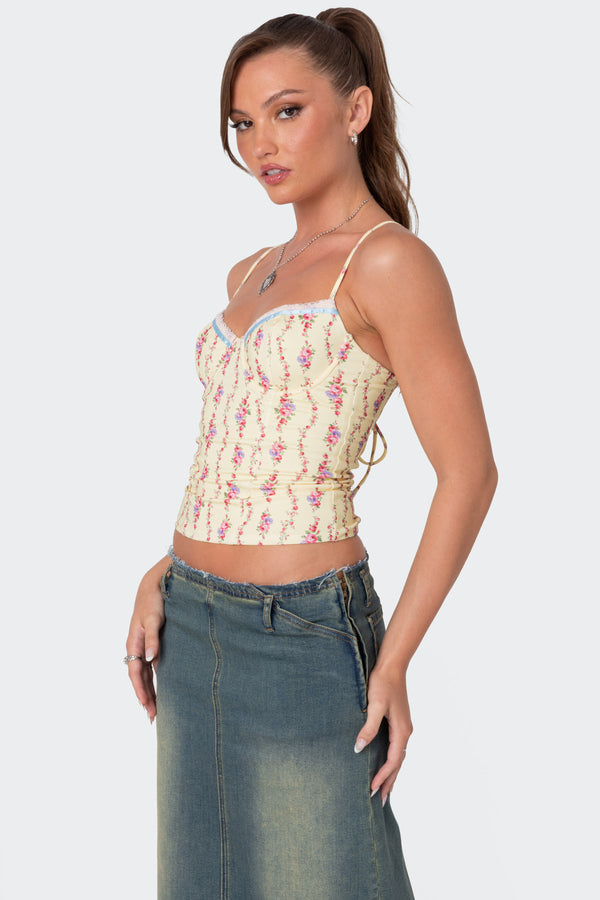 Edikted Indira Printed Cupped Lace Up Corset Yellow