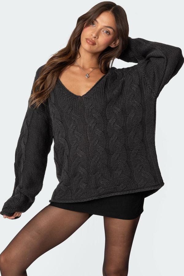 Edikted Inga Oversized Cable Knit Sweater Dark Gray