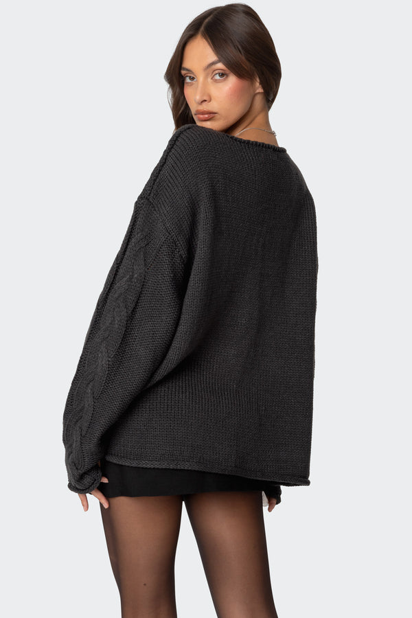 Edikted Inga Oversized Cable Knit Sweater Dark Gray