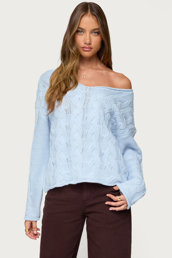 edikted Inga Oversized Cable Knit Sweater light blue