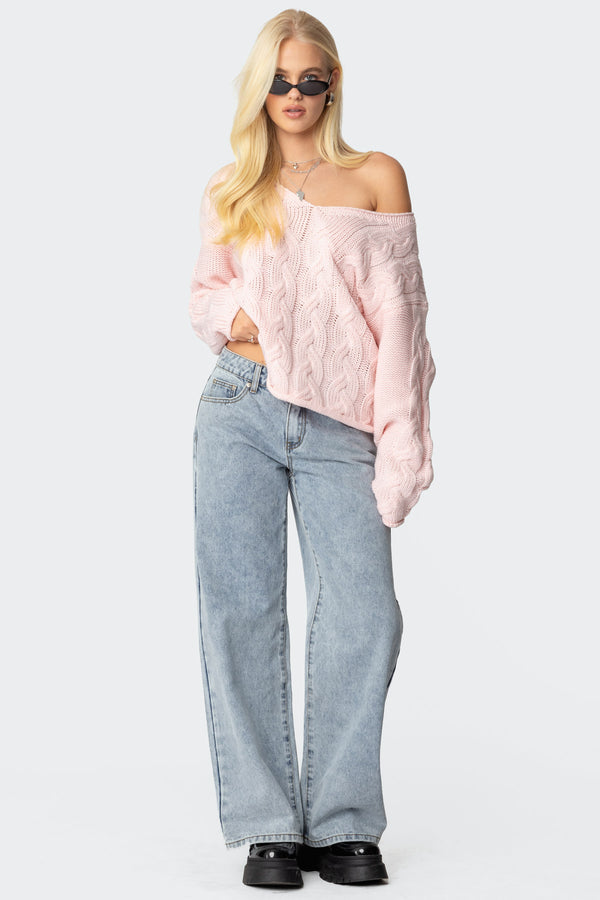 Edikted Inga Oversized Cable Knit Sweater Light Pink