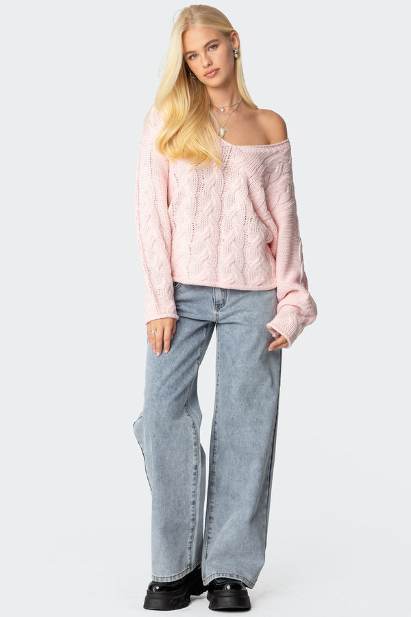 Edikted Inga Oversized Cable Knit Sweater Light Pink