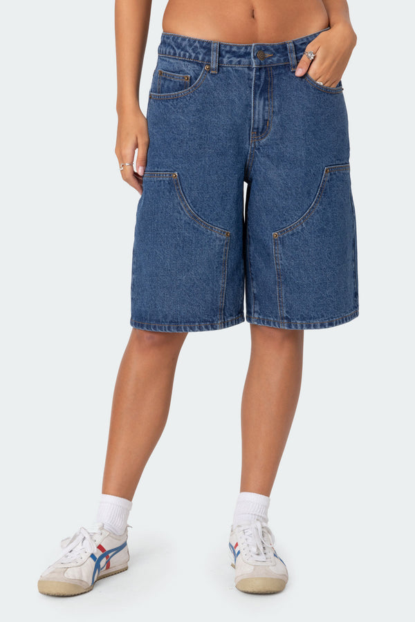 Edikted Jacqui Low Rise Denim Bermuda Shorts Blue Washed