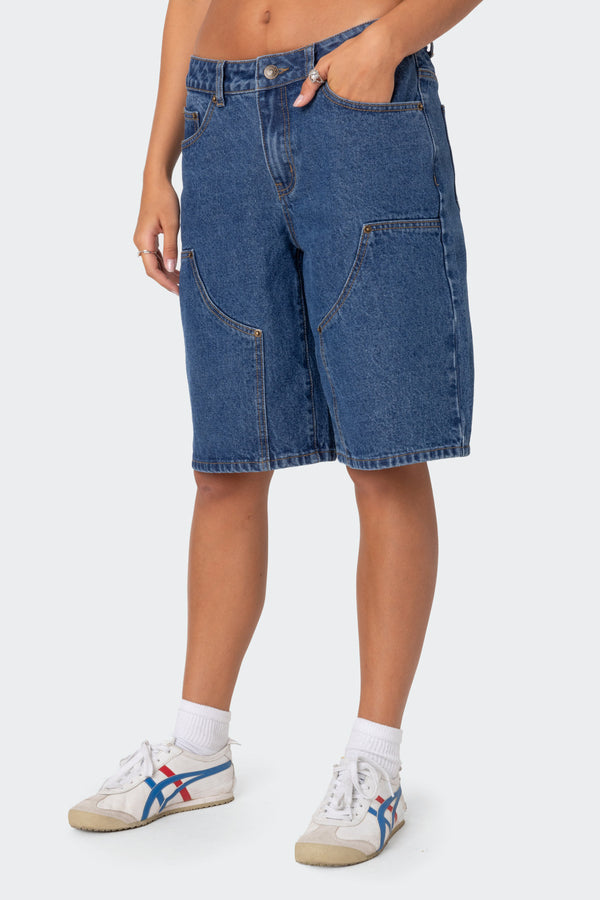 Edikted Jacqui Low Rise Denim Bermuda Shorts Blue Washed
