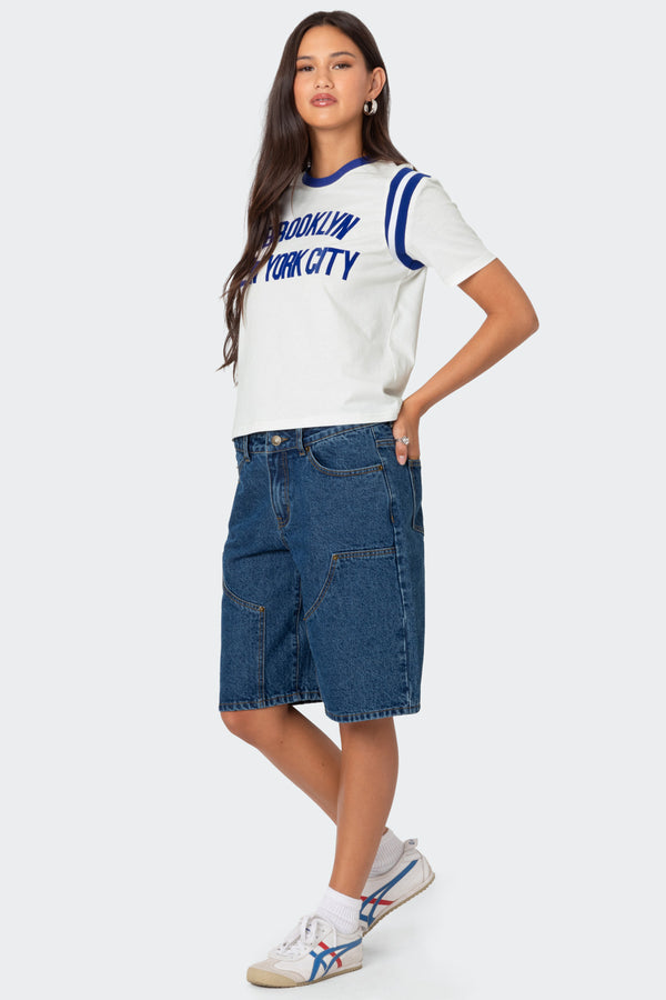 Edikted Jacqui Low Rise Denim Bermuda Shorts Blue Washed