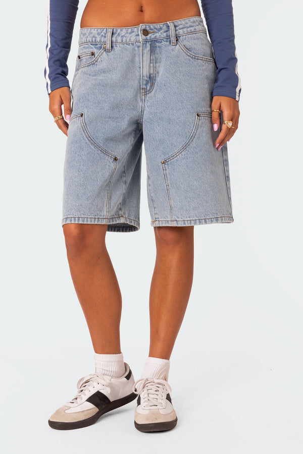 Edikted Jacqui Low Rise Denim Bermuda Shorts Light Blue
