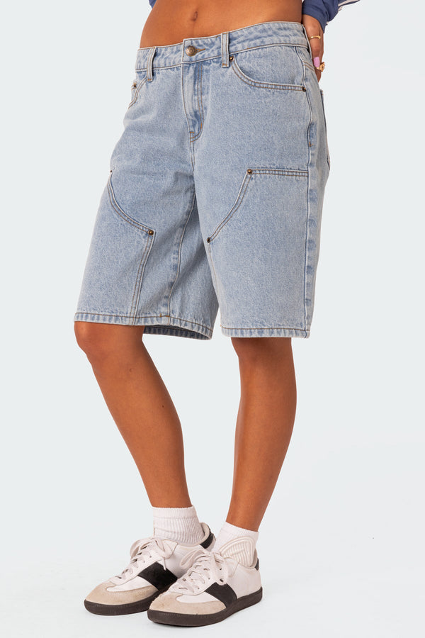 Edikted Jacqui Low Rise Denim Bermuda Shorts Light Blue